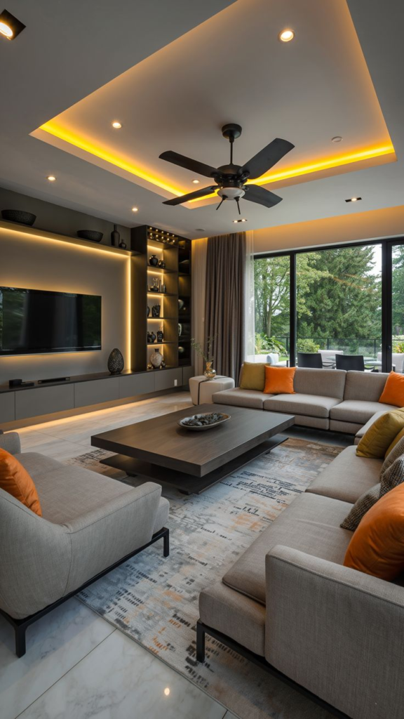 contemporary living room ideas with neutral furniture, warm lighting, and a view 1
